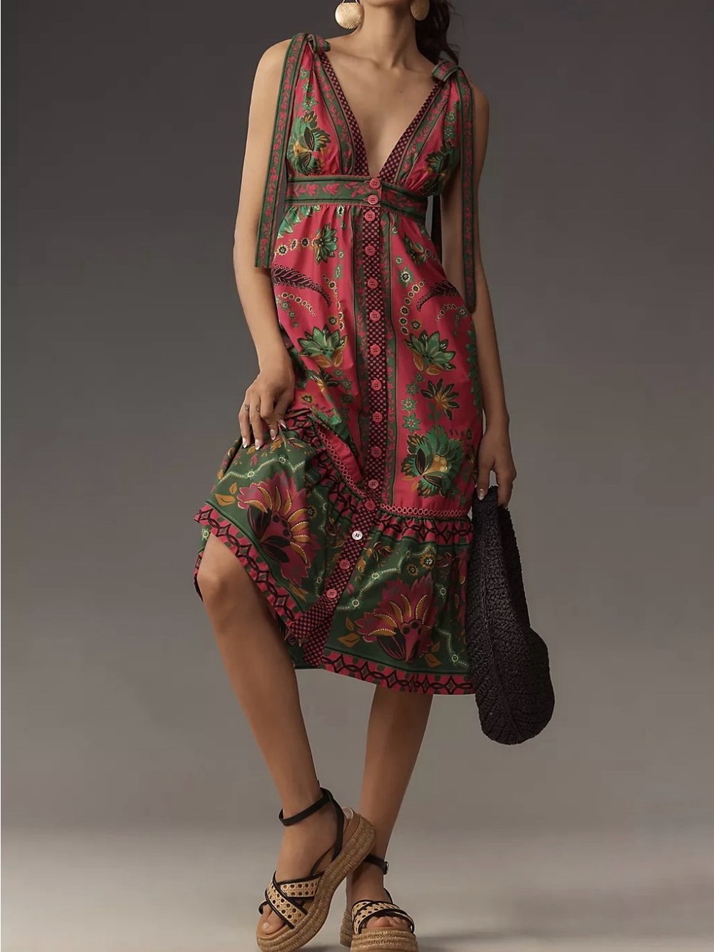Farm Rio Ana Tapestry Midi Dress Green Pink Floral Cotton Size S